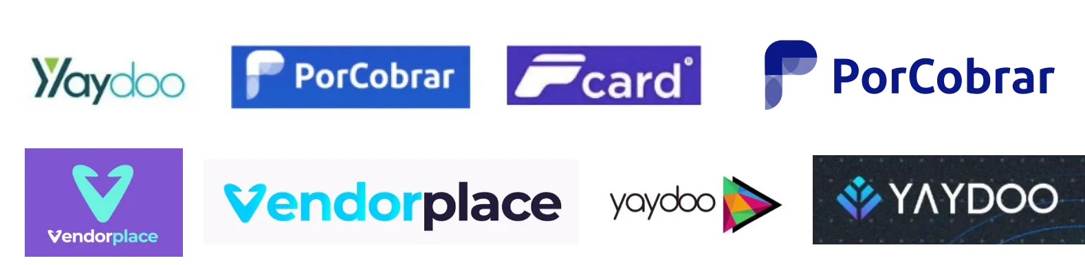 Yaydoo brand audit — eight inconsistent logo variations of Yaydoo, PorCobrar, Fcard, Vendorplace and YAYDOO shipping across the product portfolio before the redesign