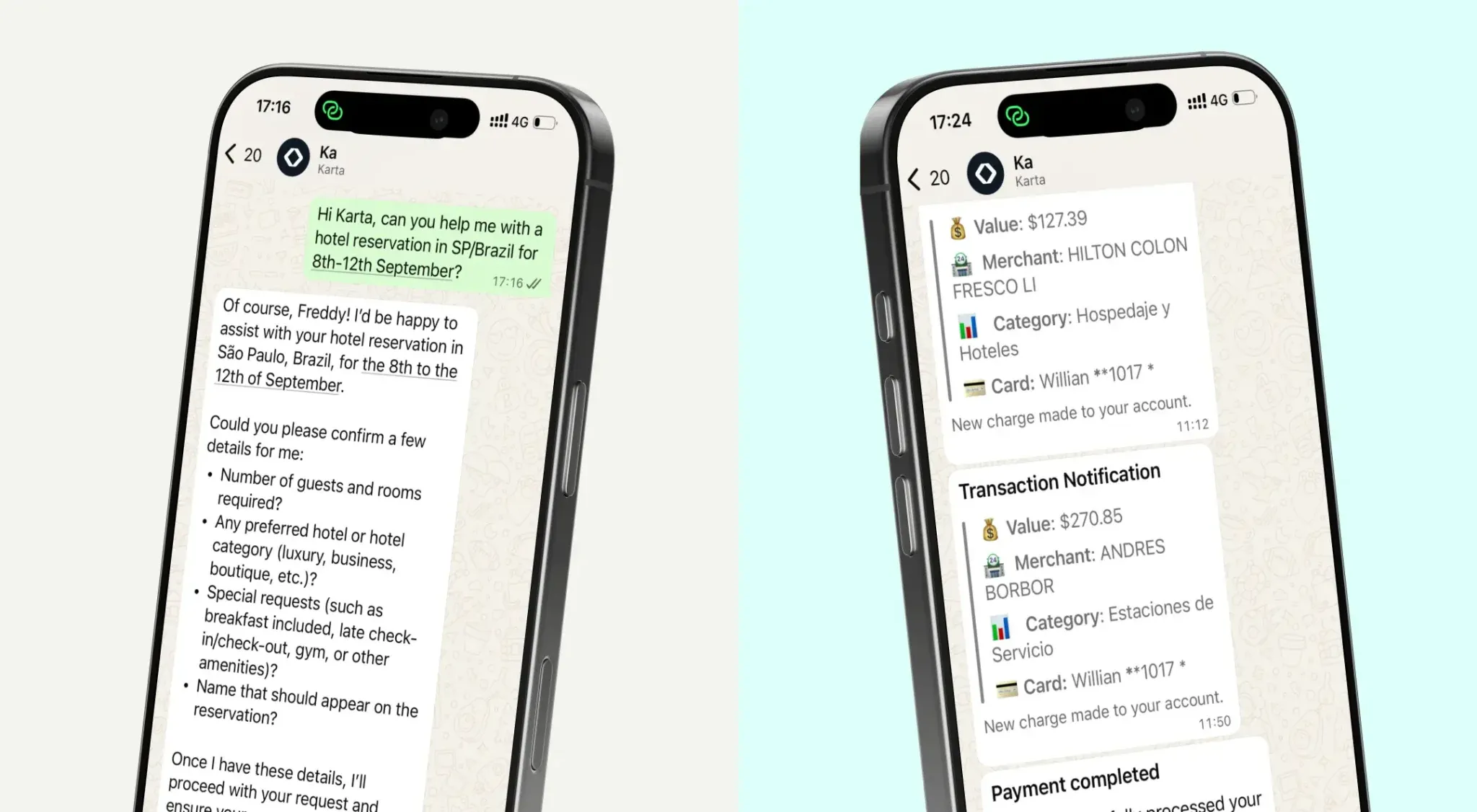 Karta AI Concierge on WhatsApp — helping with a hotel reservation and disputing a transaction