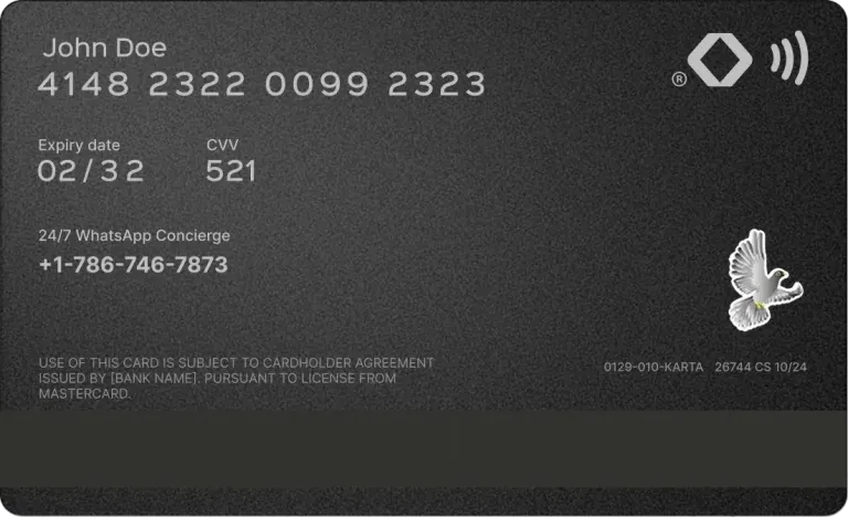Final version of the Karta card back — cleaner layout with a 24/7 WhatsApp Concierge number