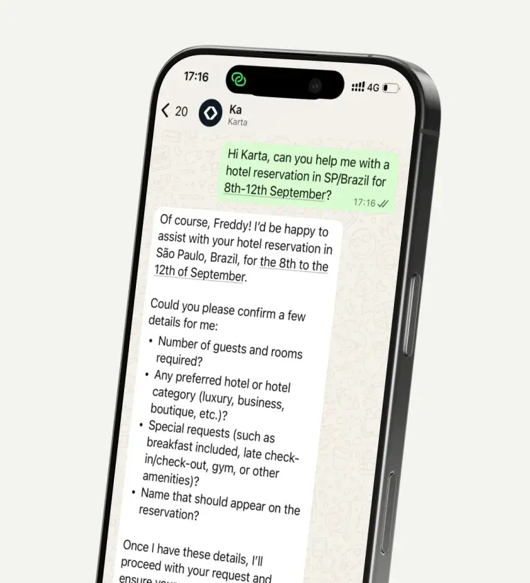 Karta AI Concierge over WhatsApp — assisting with a hotel reservation