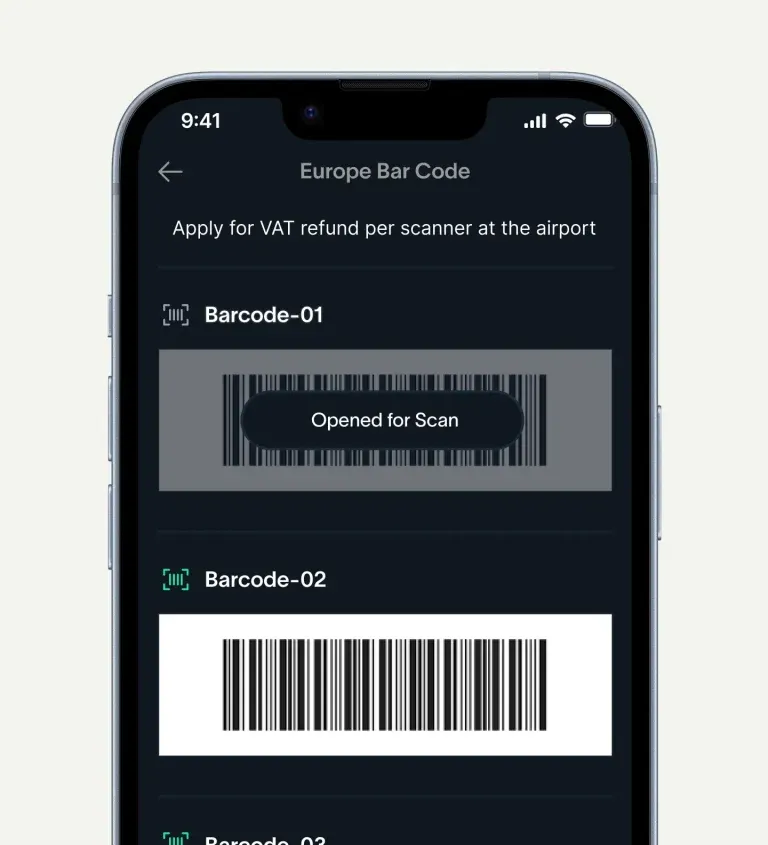 Karta Europe VAT refund — airport barcode ready to scan at the refund desk