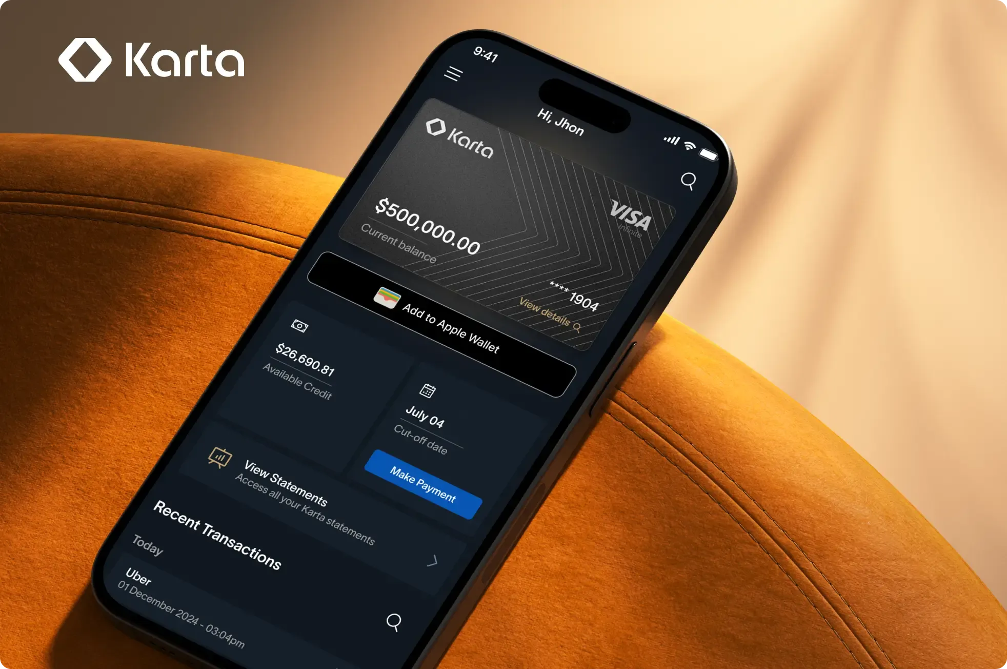 Karta premium credit card app hero on iPhone — live account balance, recent card charges, Karta Points rewards counter and quick-send money actions, rendered on the warm Karta brand backdrop the LATAM high-net-worth launch campaign used in Mexico and Brazil