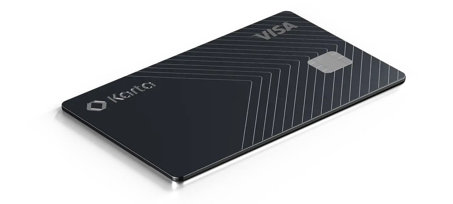 Final Karta metal credit card — perspective shot showing the AI-inspired line pattern and 17g recycled-steel body