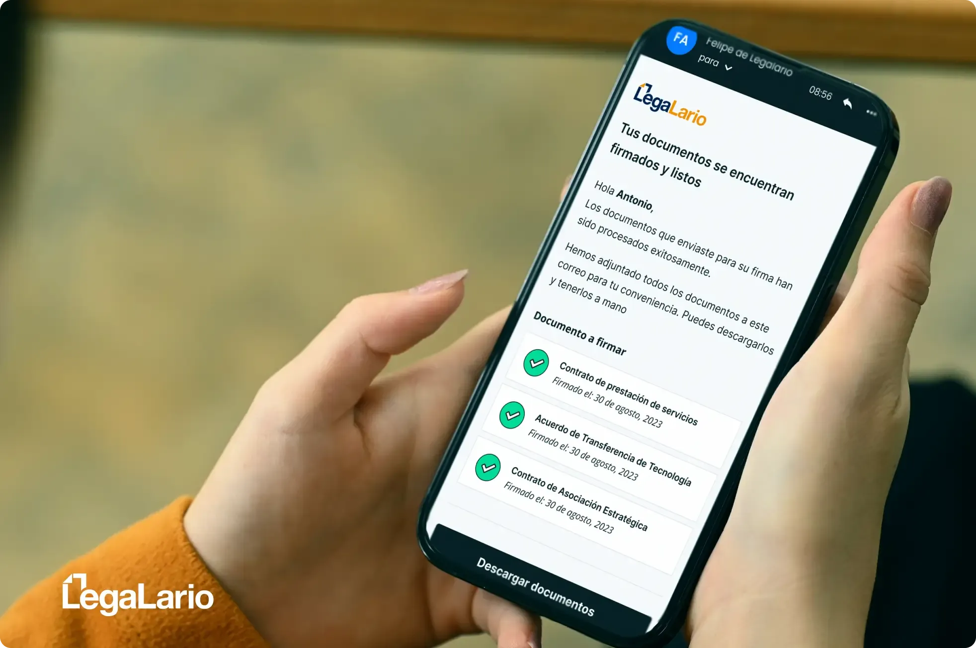 Legalario signing-invitation email preview on a phone — the redesigned e-signature request template with contract title, sender context, legal-validity copy and Firmar documento CTA, the first touchpoint between the Mexican SMB sender and the LATAM signer