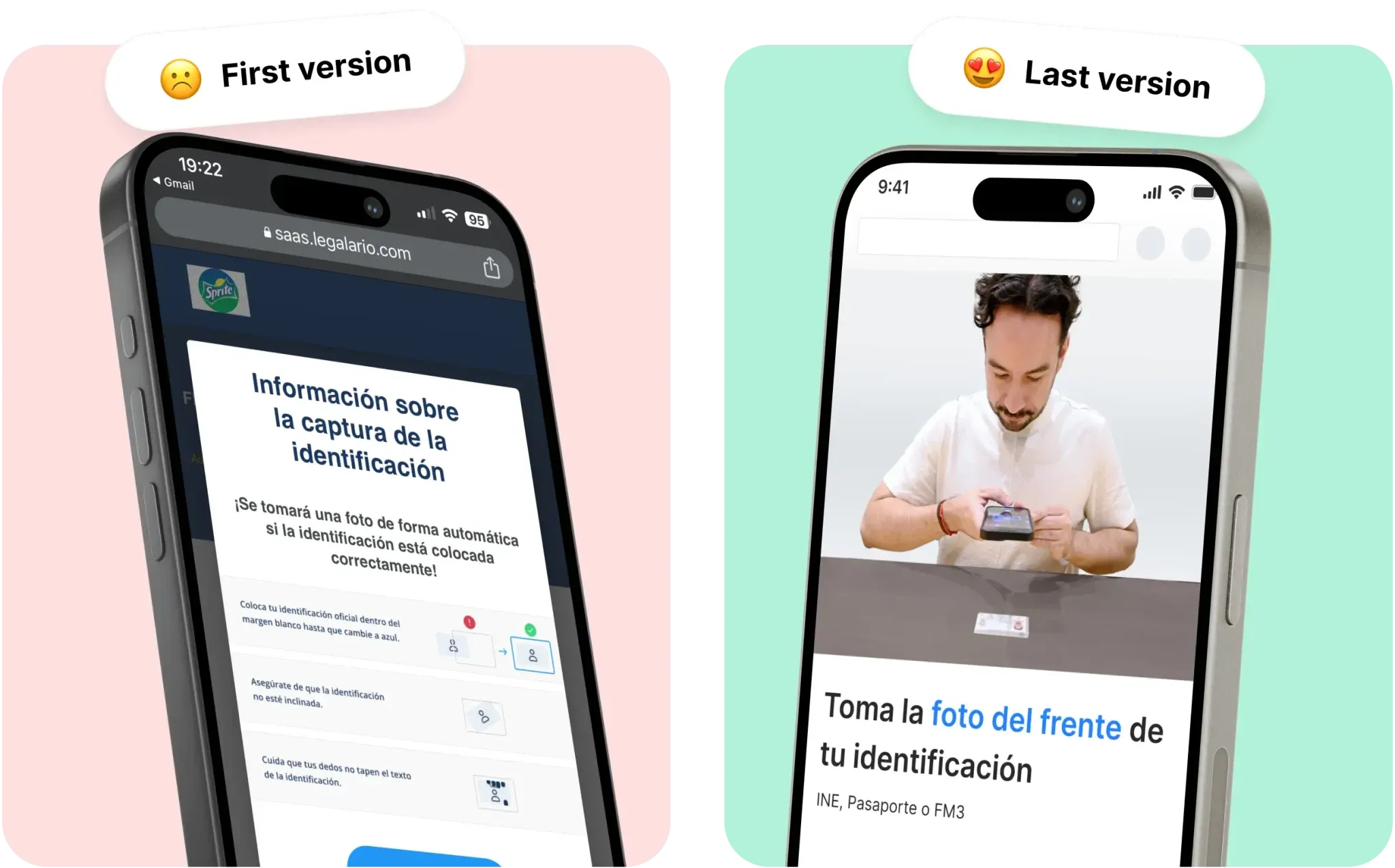 Signing instructions before-after — dense legacy instructions vs. illustrated user-friendly identity capture
