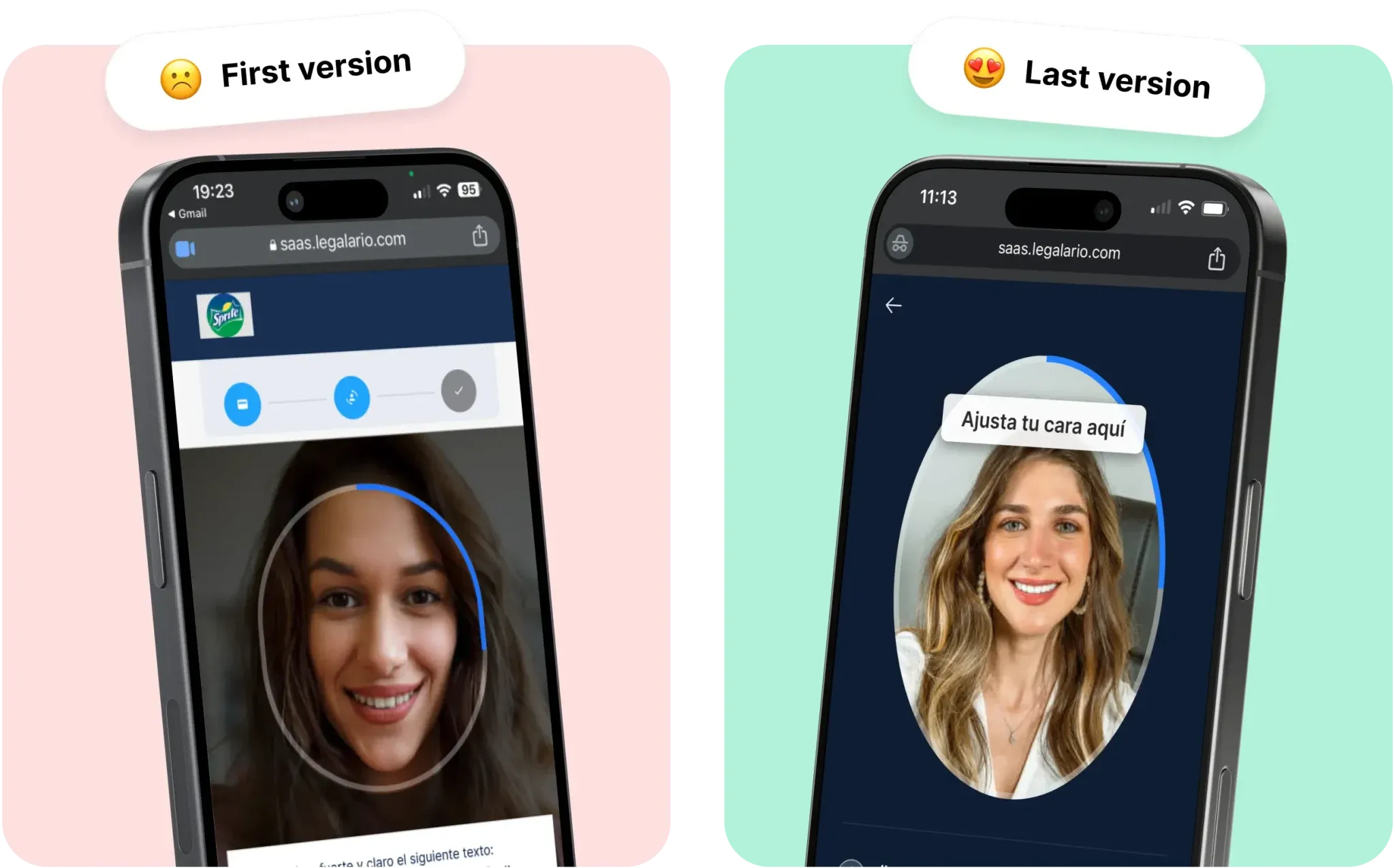 Biometric verification before-after — basic camera step vs. guided face framing with clear feedback