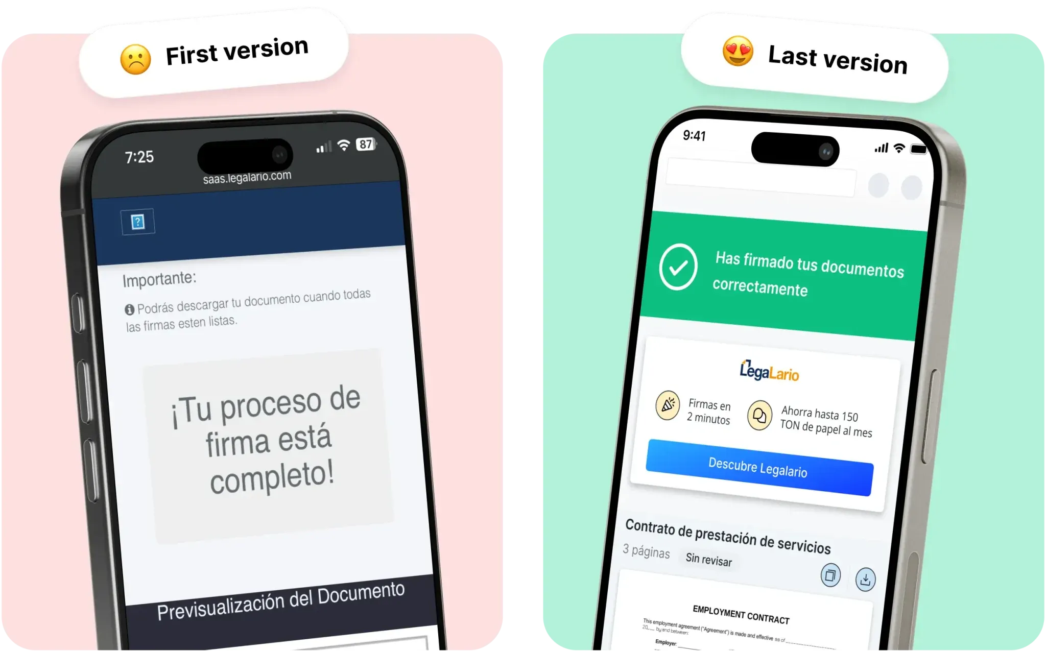 Signed document before-after — legacy preview screen vs. new success confirmation with Legalario product card