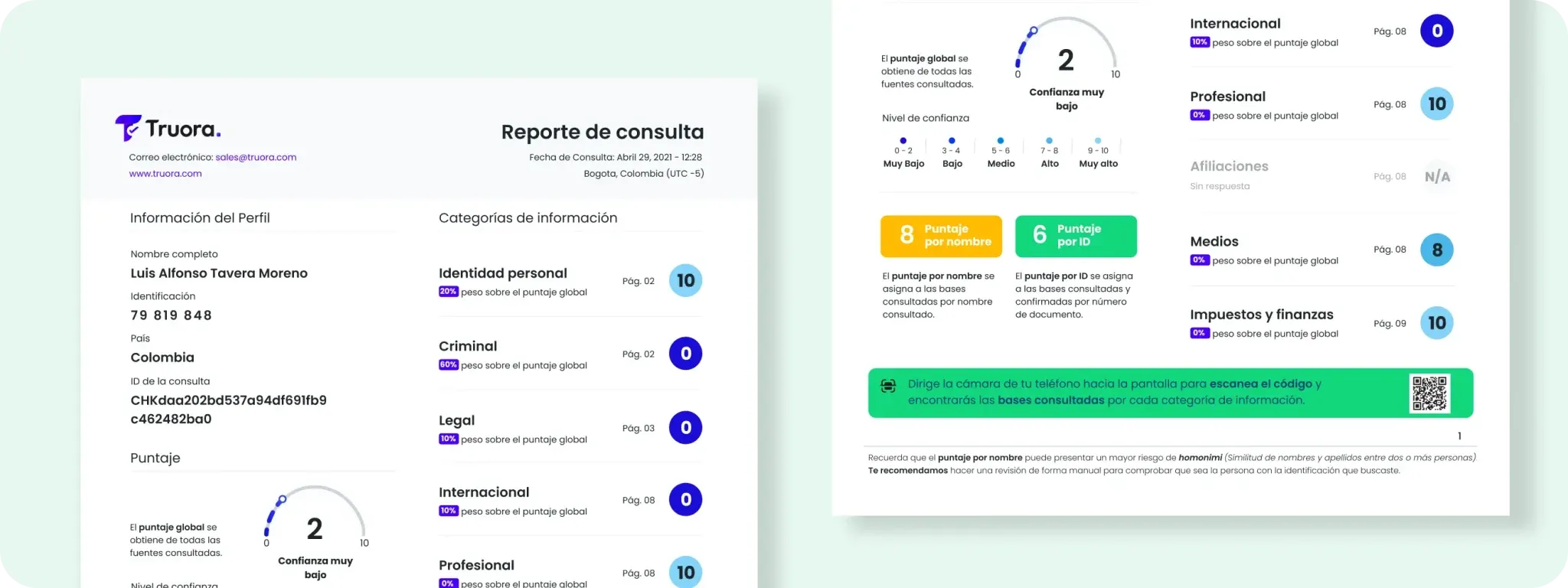 Redesign highlights — identidad personal, criminal and legal rows, a woman reading the report at a café, and the consulted databases QR panel
