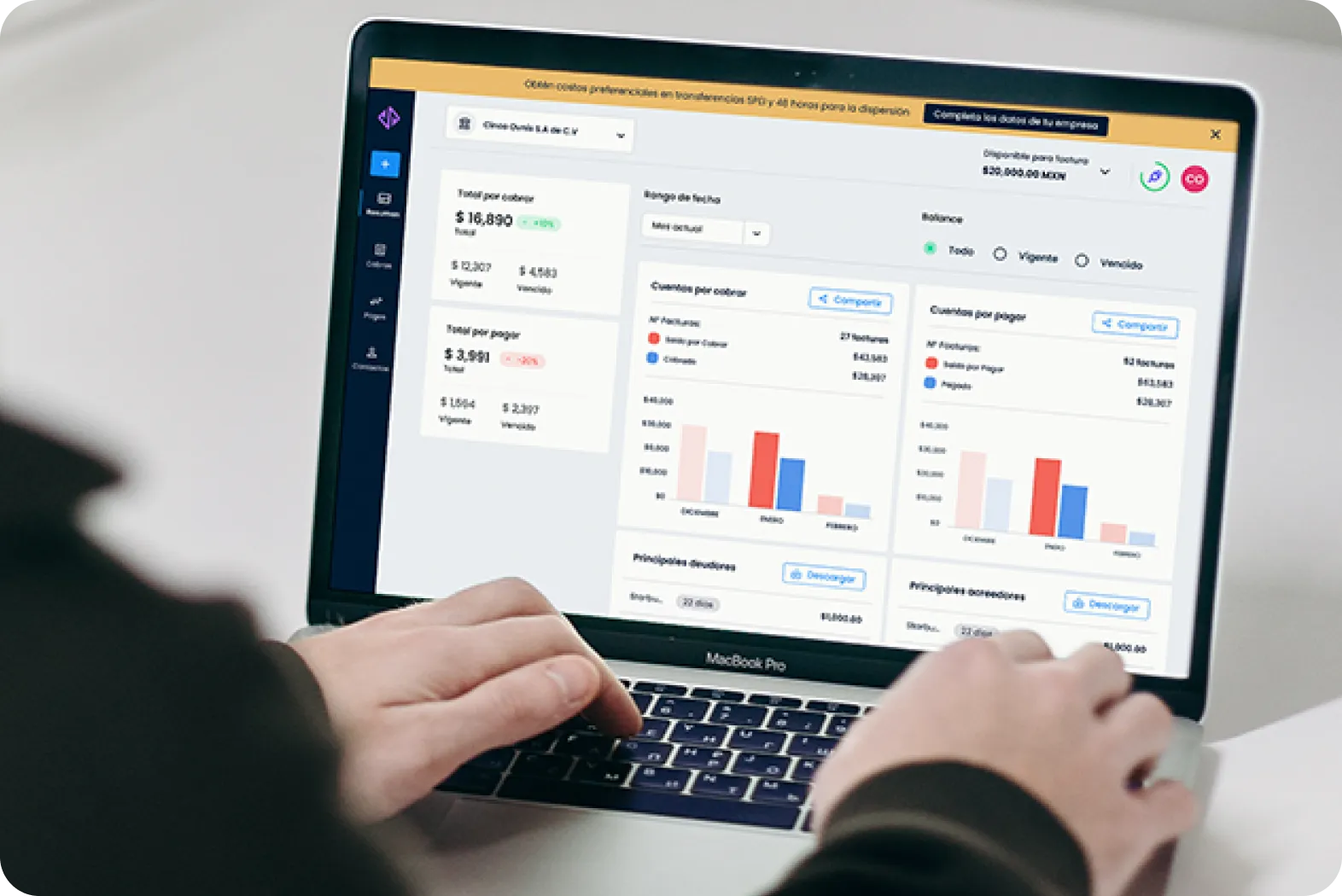 Yaydoo Vendorplace business overview — the redesigned canvas for Directors and Managers with Finance, Accounting, Payroll, Procurement and Sales unified into expense trends, por pagar / por cobrar tables and a taxes donut chart