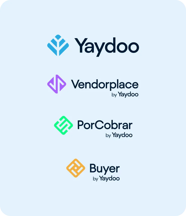 Unified Yaydoo brand architecture — a single Yaydoo mark with Vendorplace, PorCobrar and Buyer as endorsed sub-brands under one design language
