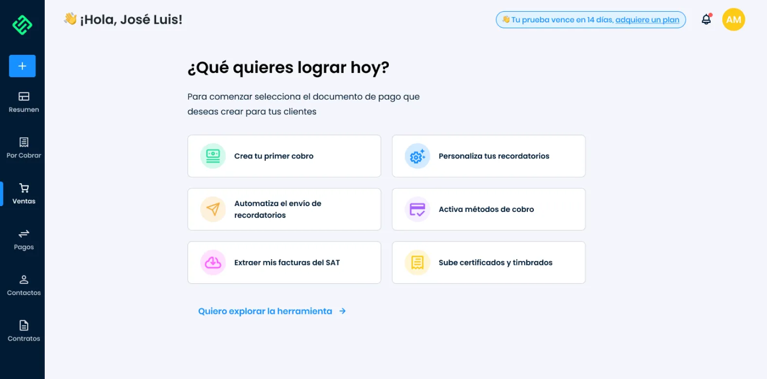 Yaydoo porCobrar create-invoice flow — selecting a client, entering invoicing data and payment conditions with the trial-upgrade banner visible at the top