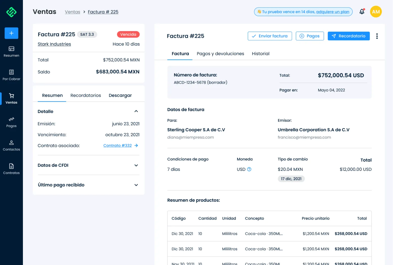 Yaydoo porCobrar invoice detail — Factura #225 with pending balance, payment history, contract link and ISR / IVA breakdown for Sterling Cooper S.A. de C.V.