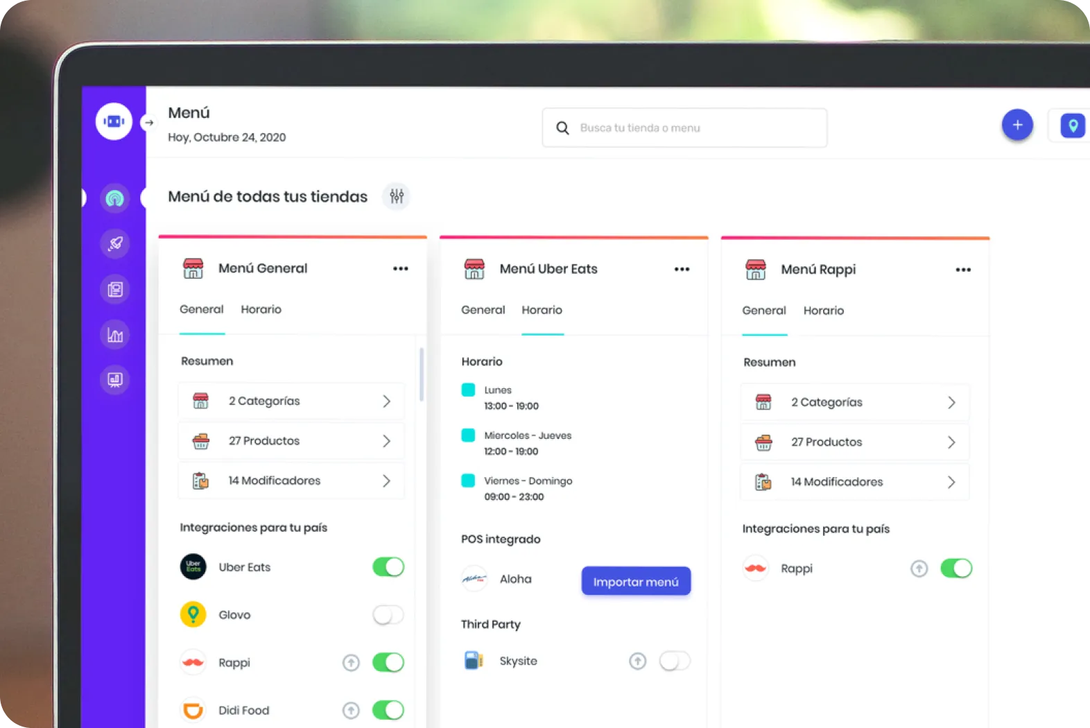 mipOS Dark Kitchen management SaaS on laptop — Menú General, Menú Uber Eats and Menú Rappi columns with categorías, productos, modificadores and per-country delivery-app toggles (Uber Eats, Glovo, Rappi, Didi Food) for Mexican, Asian and Peruvian virtual brands unified on one device