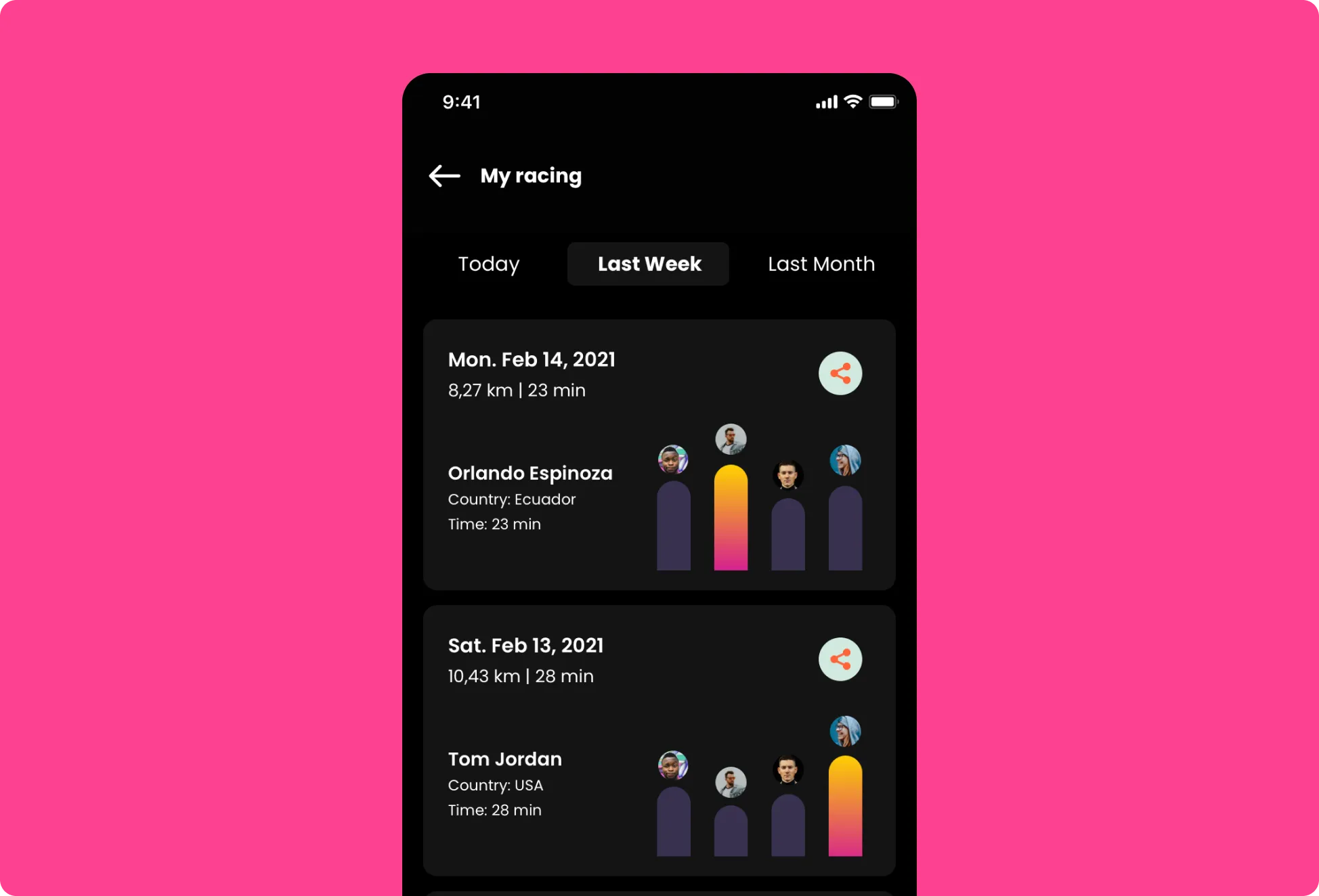 Stadio running app on Apple Watch — red-sleeve runner with the live race leaderboard showing Orlando Espinoza, Sally Price and Emily Warner, pace per km and elapsed time 00:10:22