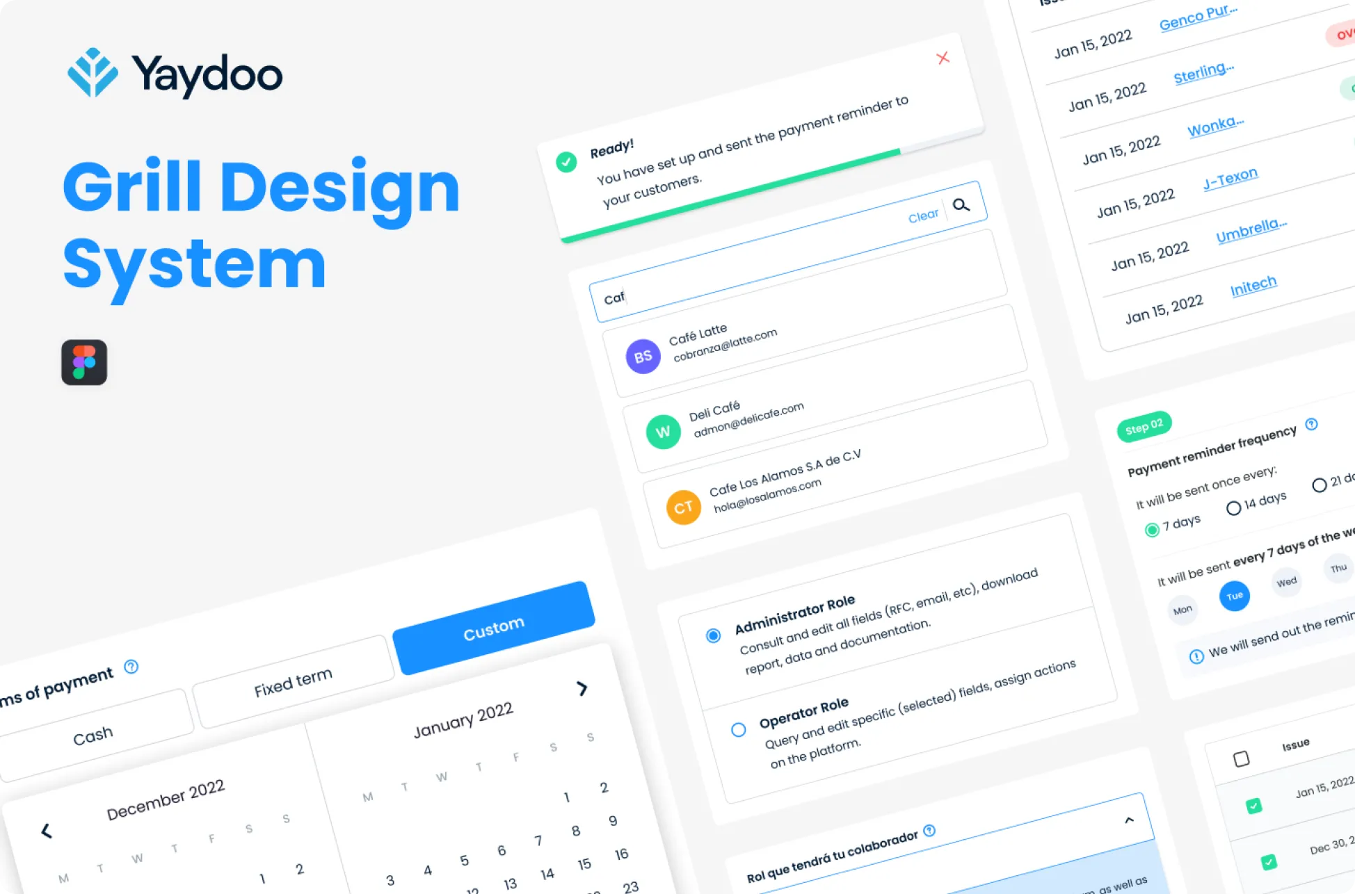 Grill Design System in use — Yaydoo Figma library powering invitation emails, payment reminder frequency and admin UI across the product suite