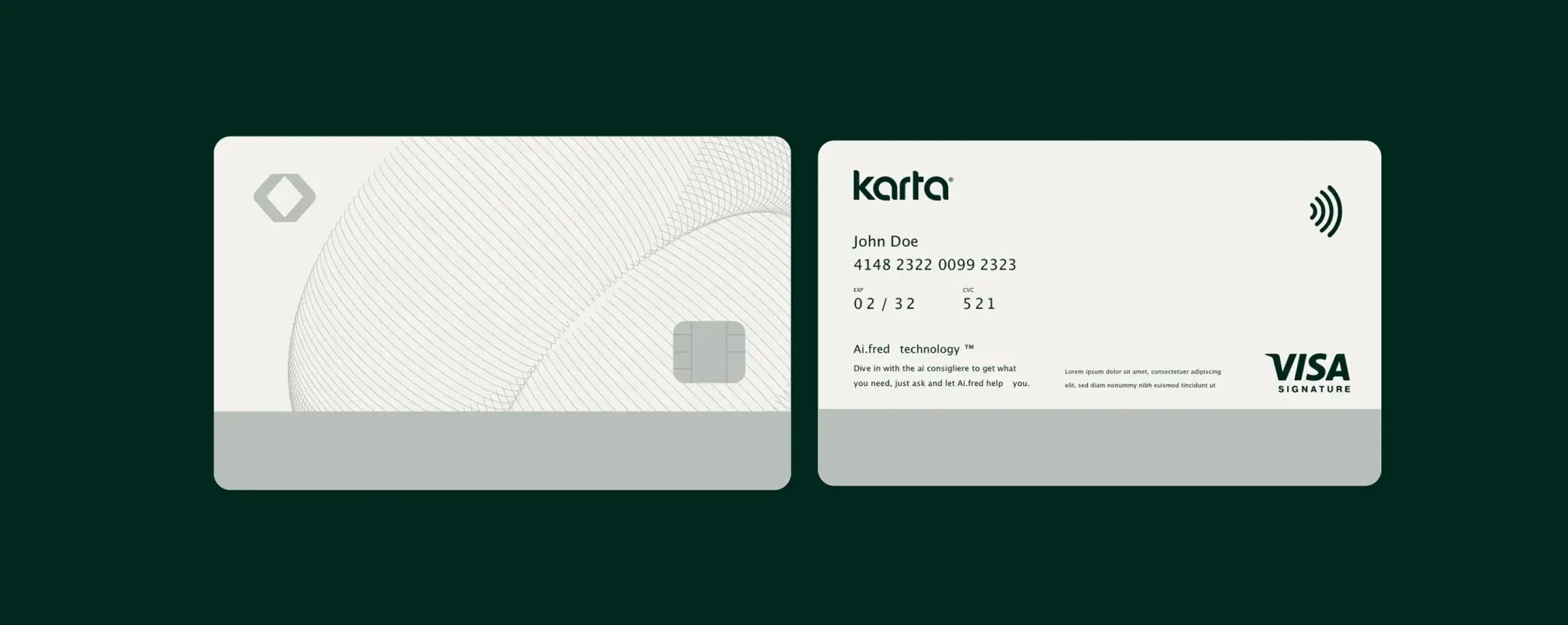 Karta Ai.fred technology prototype — dark green metal card with generative line pattern