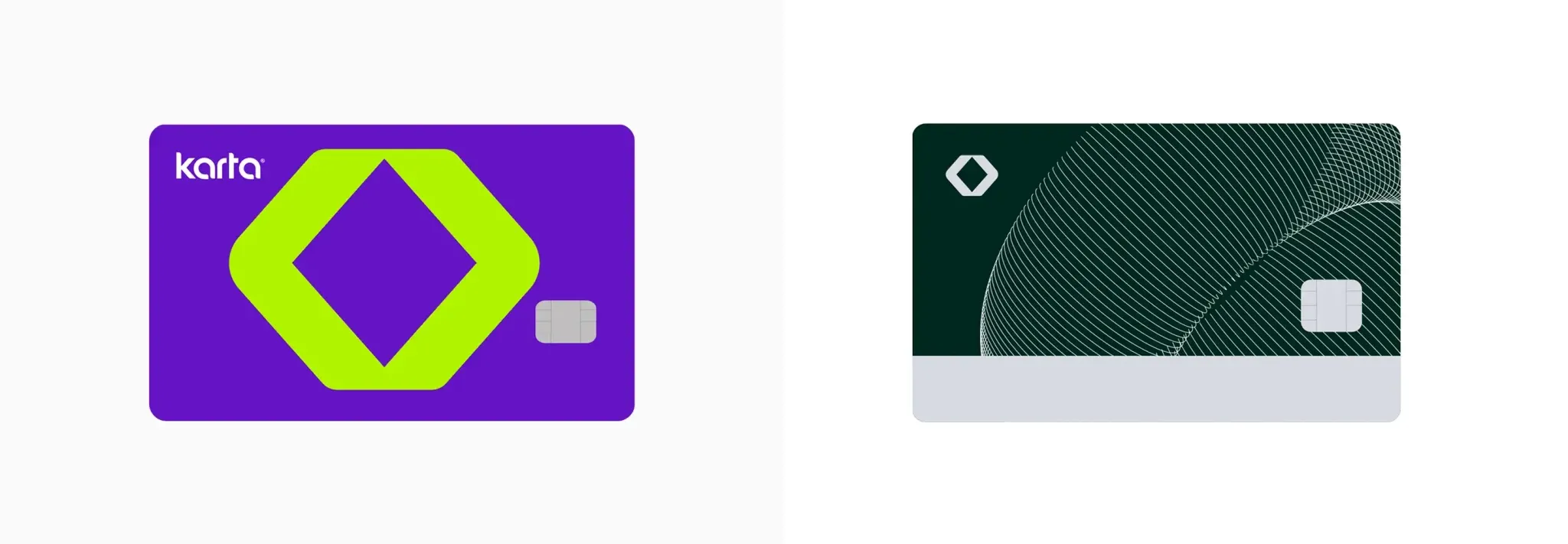 Early Karta card design proposals — purple with green diamond, and green with subtle pattern