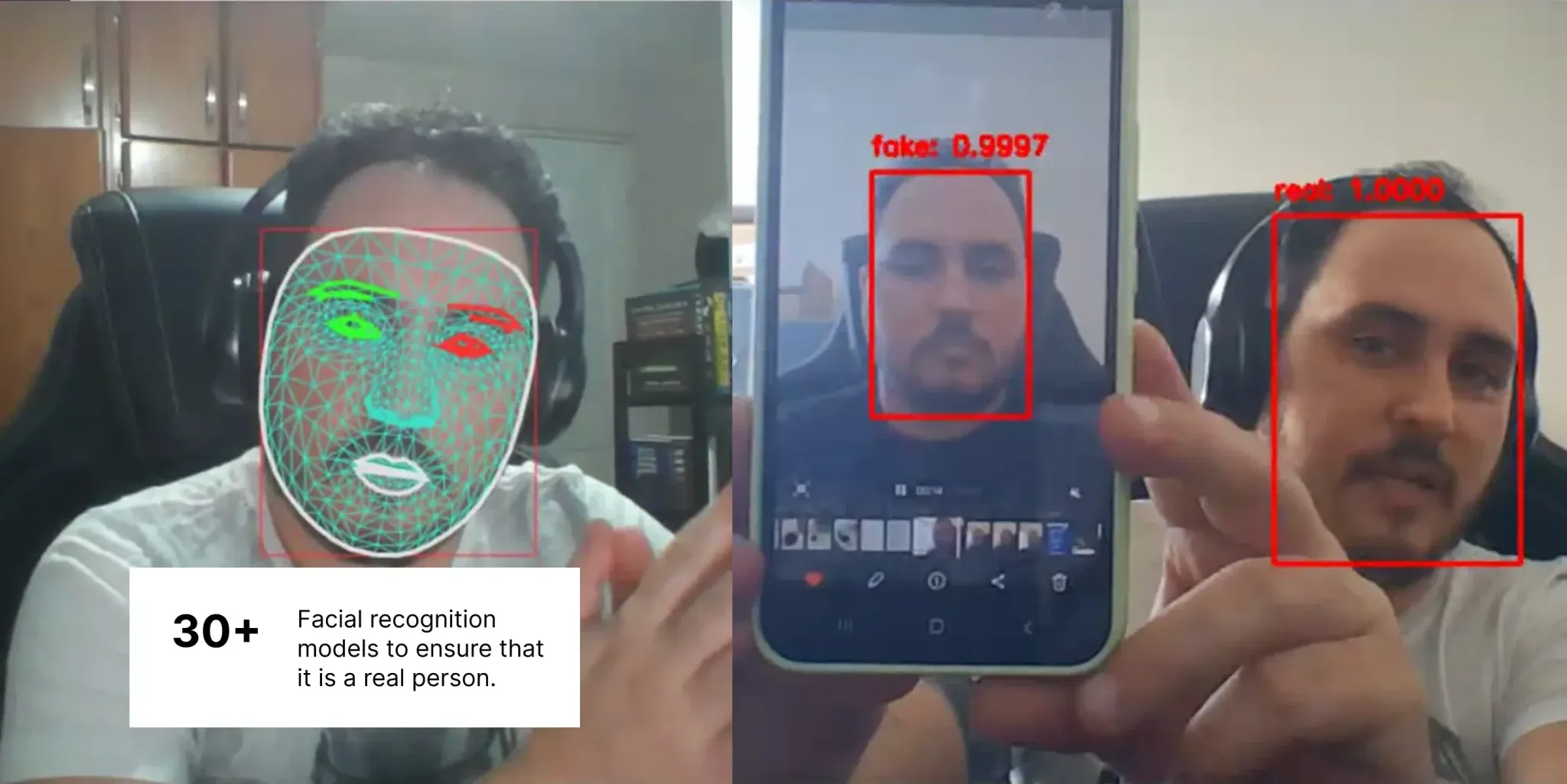 Face-mesh biometric validation — profile view with face-scan overlay on a phone