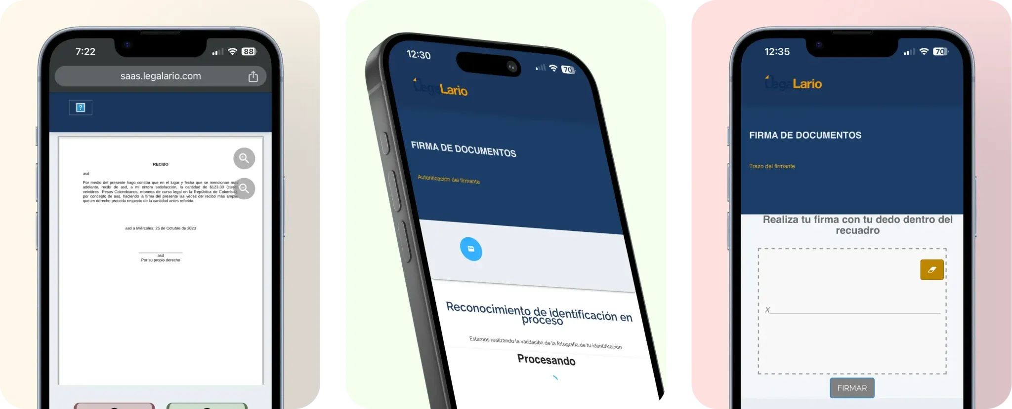 Legalario legacy experience — three phone screens showing the outdated signing flow