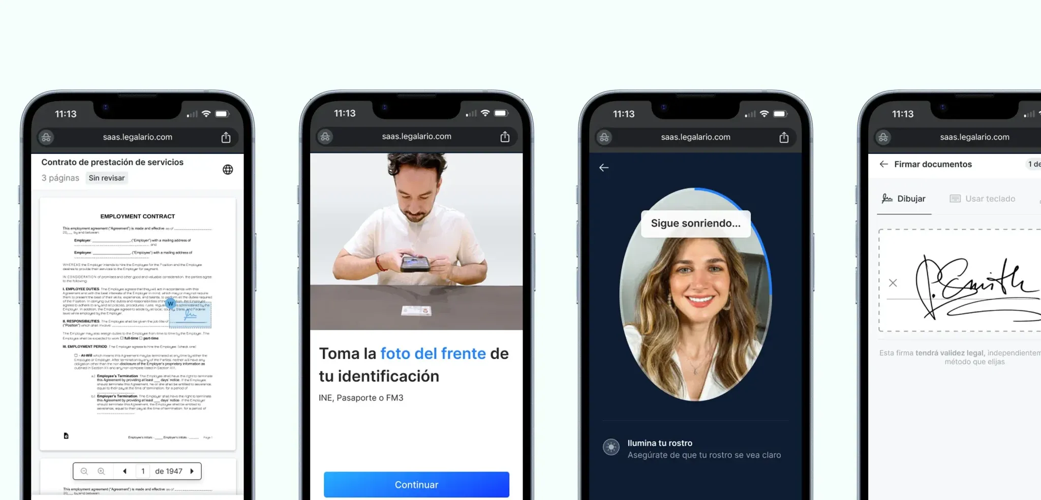 Legalario redesigned v1 — modern browser-first signing flow with biometric step