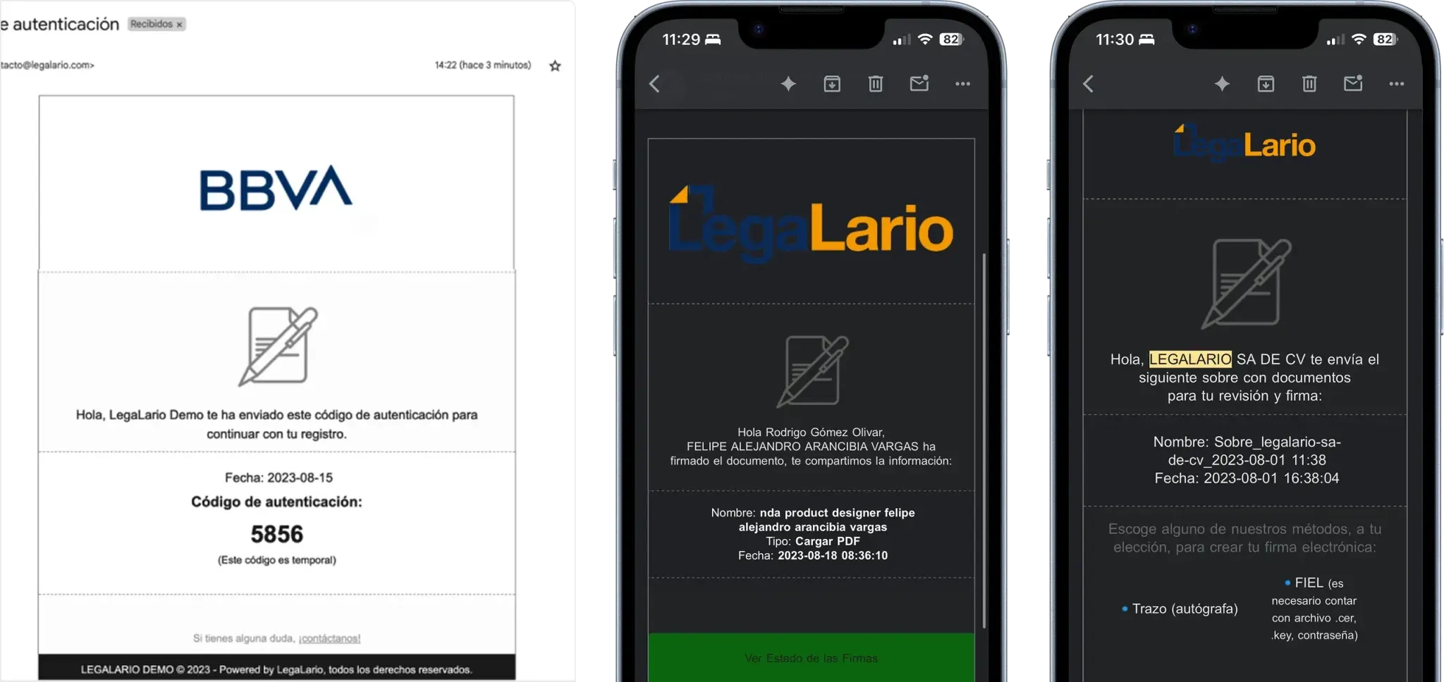 Legacy Legalario emails — dated BBVA-branded verification code email and two phones with outdated invitation designs