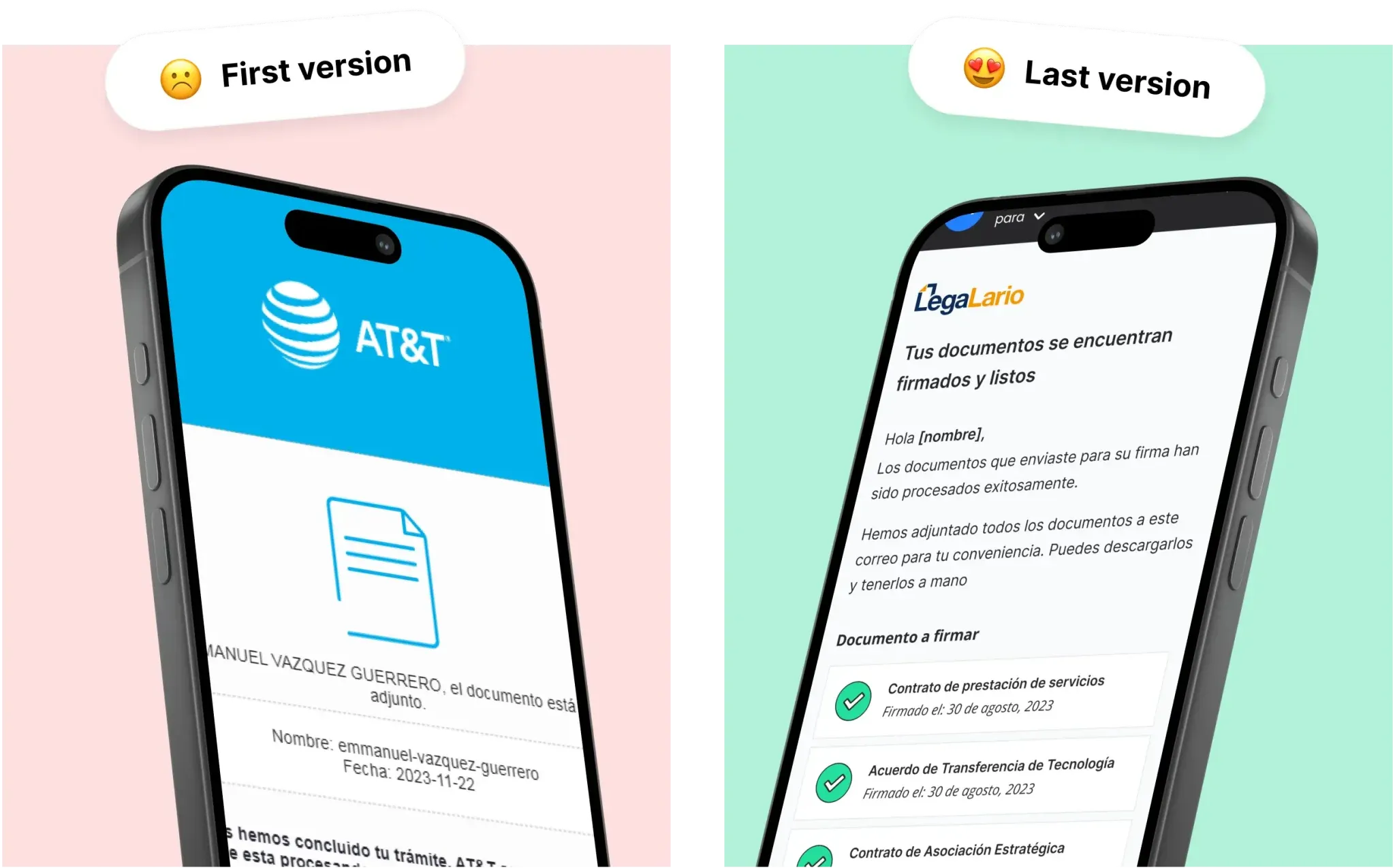 Mass signing of documents — first version on a pink background vs. last version on a mint background