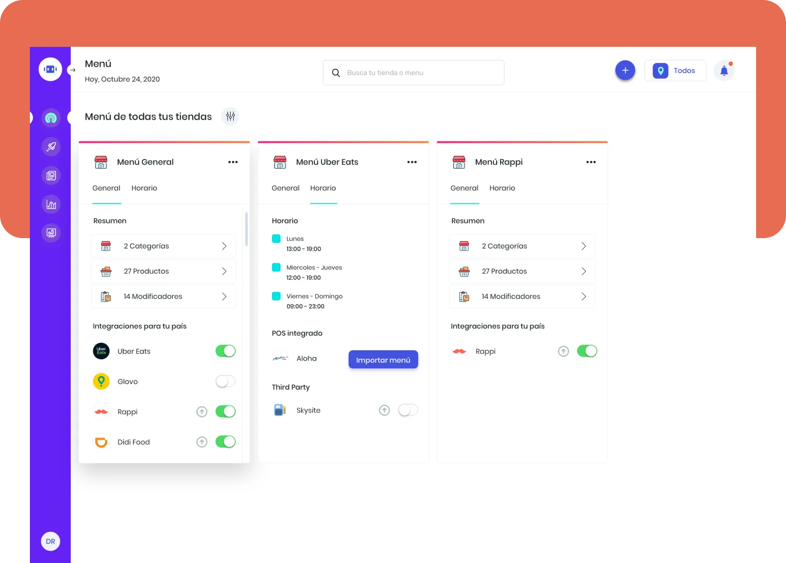 mipOS Dark Kitchen menu and brand configurator — Menú General, Menú Uber Eats and Menú Rappi side-by-side with per-brand categorías, horarios, 27 productos, 14 modificadores and integraciones por país toggles (Uber Eats, Glovo, Rappi, Didi Food) so a virtual brand like HotDogs Don Pepito ships a distinct menu per delivery app