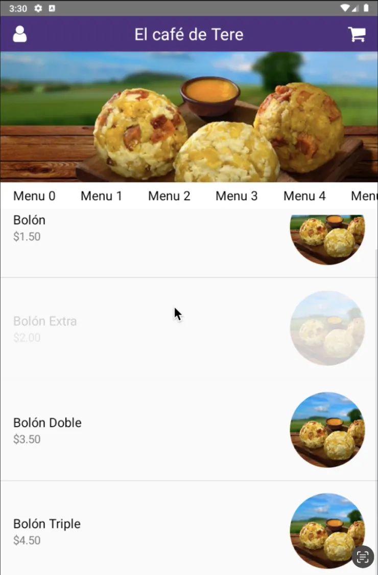 Pre-MVP legacy kiosk interface for El café de Tere — Android purple top-bar with Menu 0–4 tabs and Bolón, Bolón Extra, Bolón Doble, Bolón Triple price list, the mipOS Kiosko starting point before the ROKU redesign