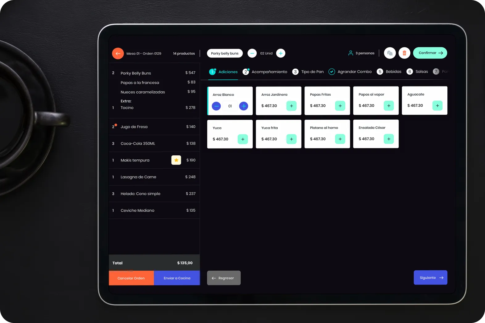 mipOS Restaurant POS for waitstaff on tablet — dark-mode order-taking screen with Porky Belly Buns ticket, Adiciones / Acompañamiento / Tipo de Pan / Agregador Combos modifiers and LATAM dishes (Juguitos, Coca-Cola, Lomo Saltado, Ceviche Mediano) on a Peruvian fine-dining table