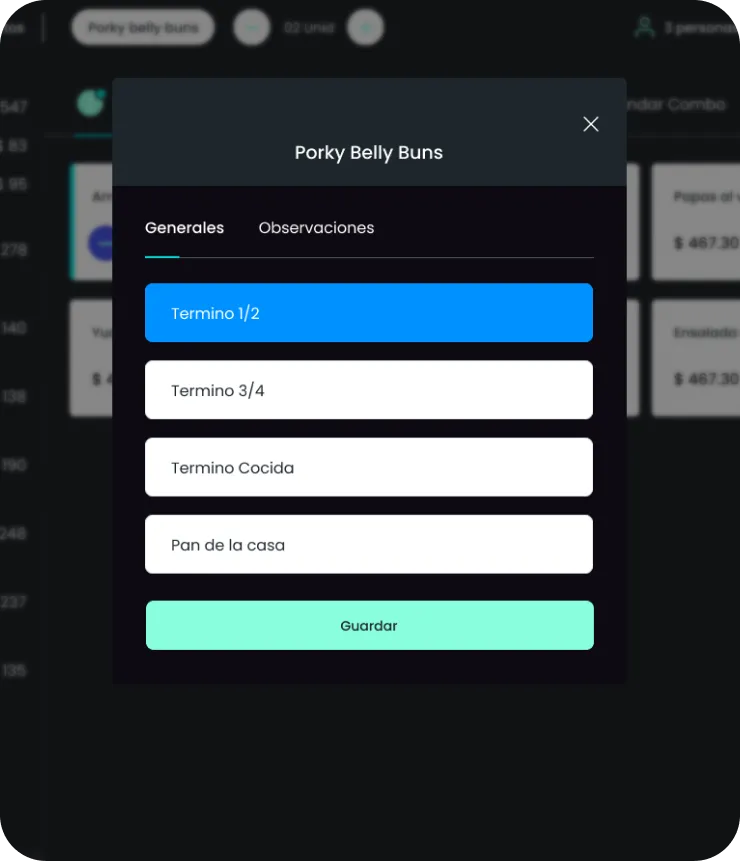 mipOS Restaurant POS per-dish customiser — Porky Belly Buns modal with Generales vs Observaciones tabs and Término 1/2, Término 3/4, Término Cocida and Pan de la casa modifiers, saved with a mint Guardar CTA for the waiter