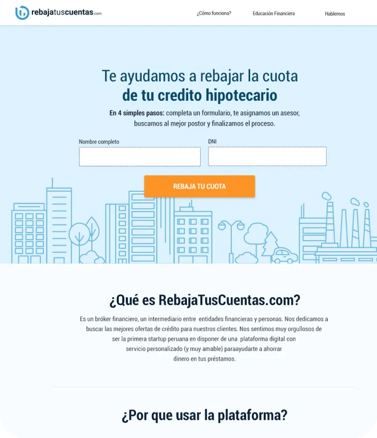 RebajaTusCuentas 2018 legacy website — Te ayudamos a rebajar la cuota de tu credito hipotecario landing with full-name and DNI fields, orange Rebaja tu cuota CTA and city-skyline illustration