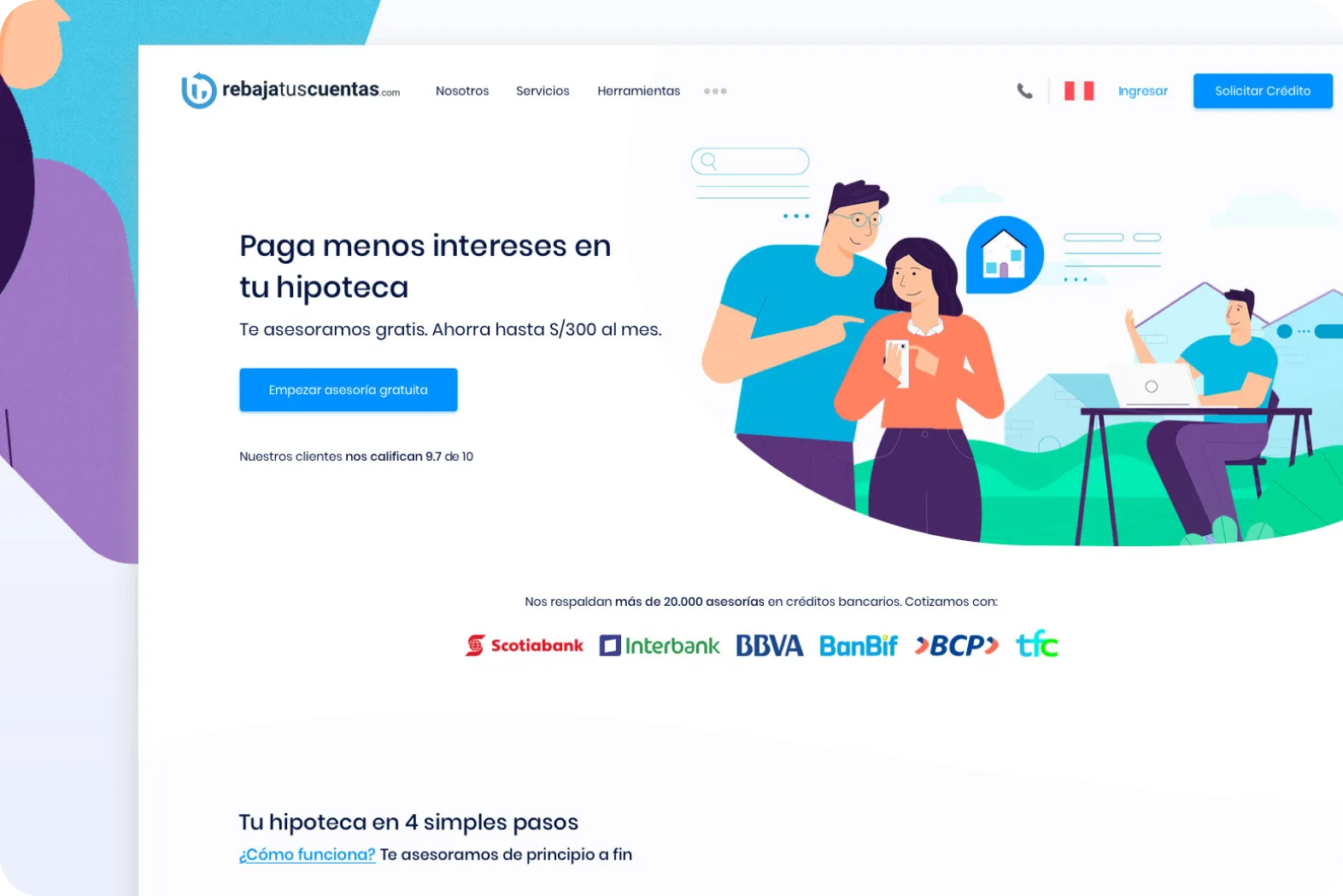 RebajaTusCuentas.com homepage — Paga menos intereses en tu hipoteca hero with free-advisor CTA, Scotiabank, Interbank, BBVA, BanBif, BCP and tfc logos powering the Peruvian mortgage comparison PropTech