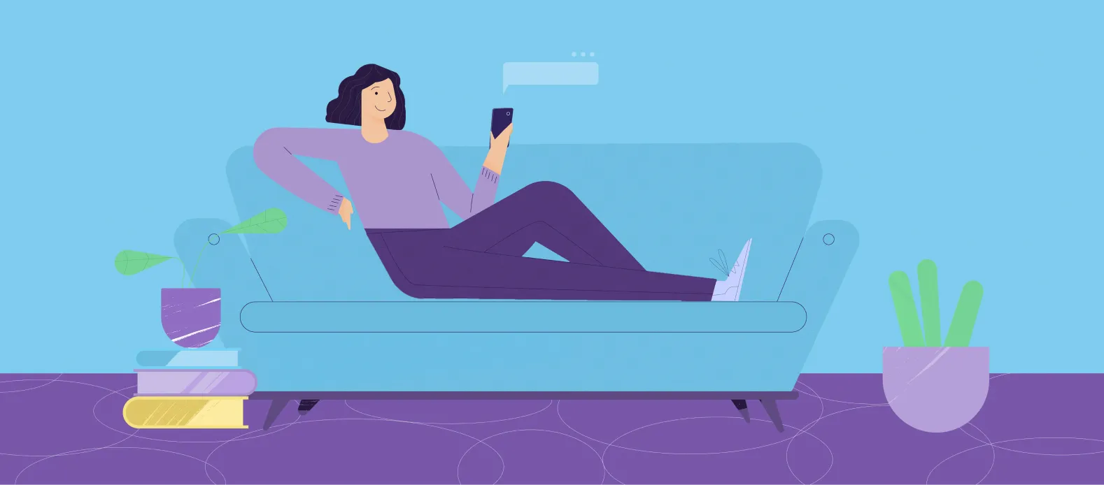 RebajaTusCuentas new brand illustration — young woman on a purple couch chatting on her phone, introducing the modern graphic line that paved the expansion to Peru, Mexico and Colombia