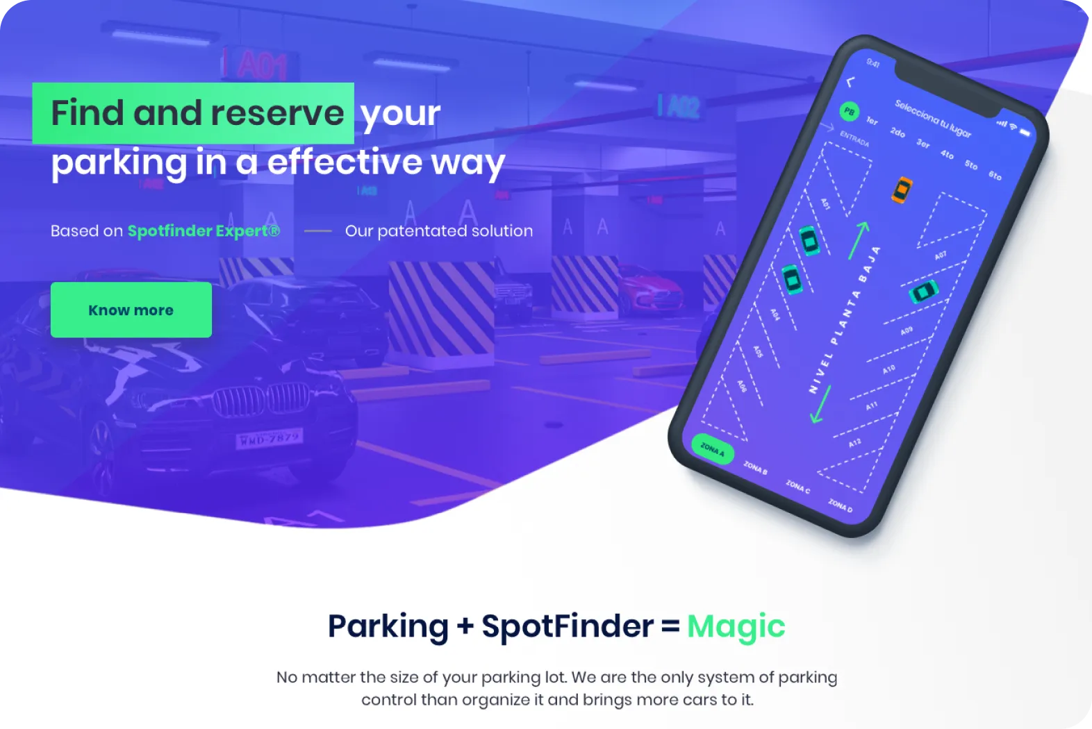 Spotfinder IoT puck hardware installed in a Puerto Rico shopping-mall parking bay — low-profile metallic disc with Spotfinder wordmark and ultrasonic sensor vents sitting on concrete below two cars on a yellow-striped parking lane