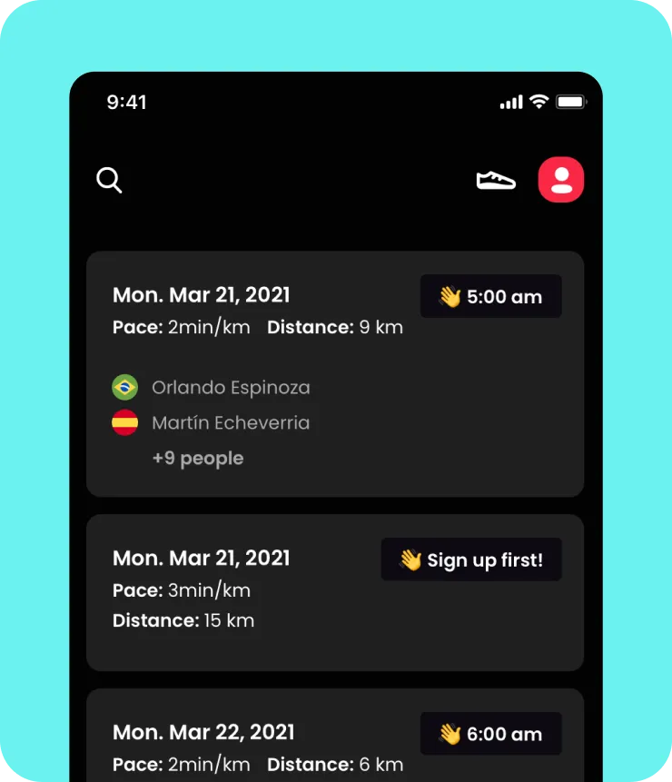 Stadio running-app rooms interface on iPhone — Mon Mar 21 2021 scheduled race at 5:00 am with 2 min/km pace and 9 km distance, Orlando Espinoza, Martín Echeverría and +9 international runners invited