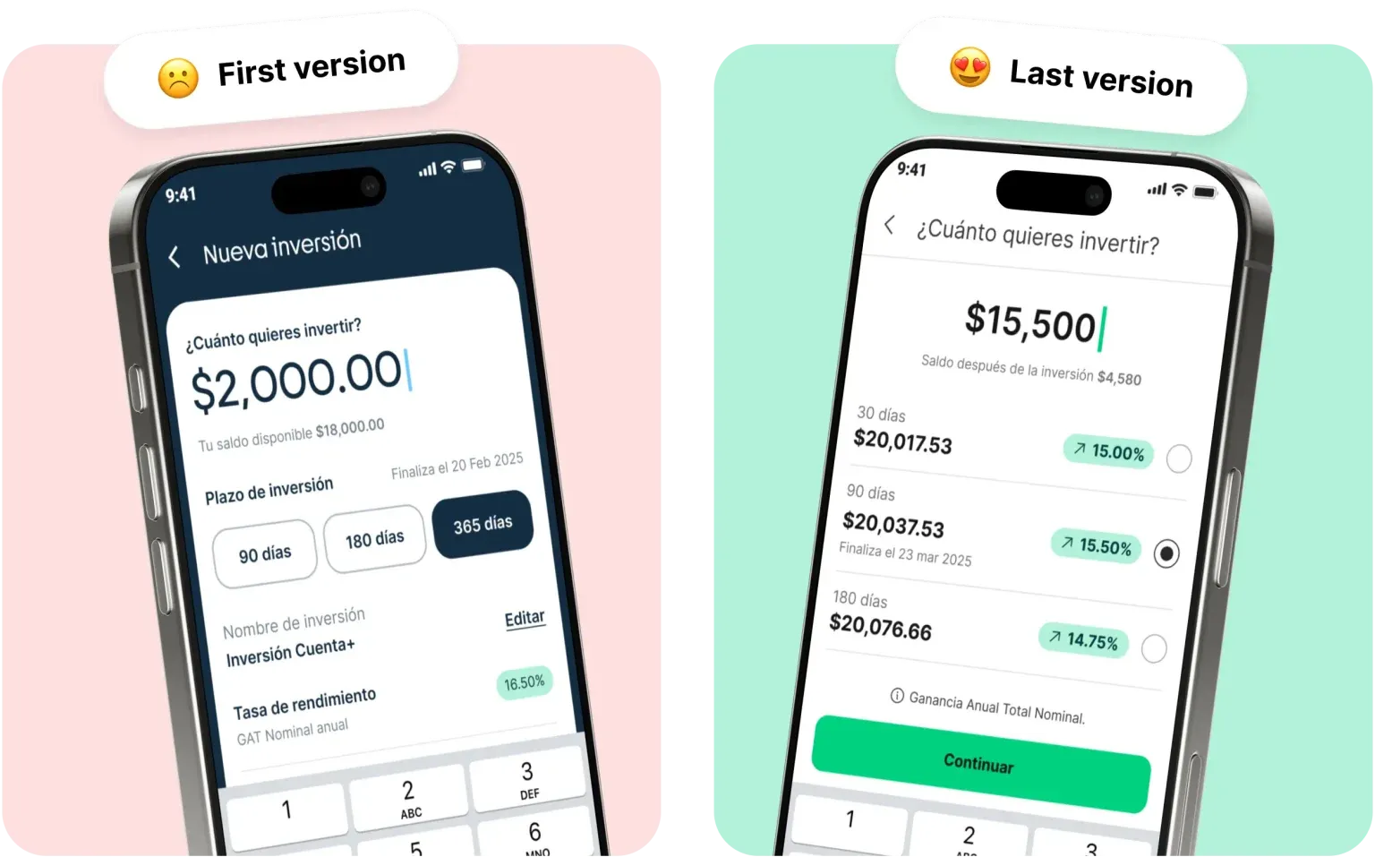 Stori Inversión+ before-and-after — evolution of the time-locked investment product from first internal version to launched release