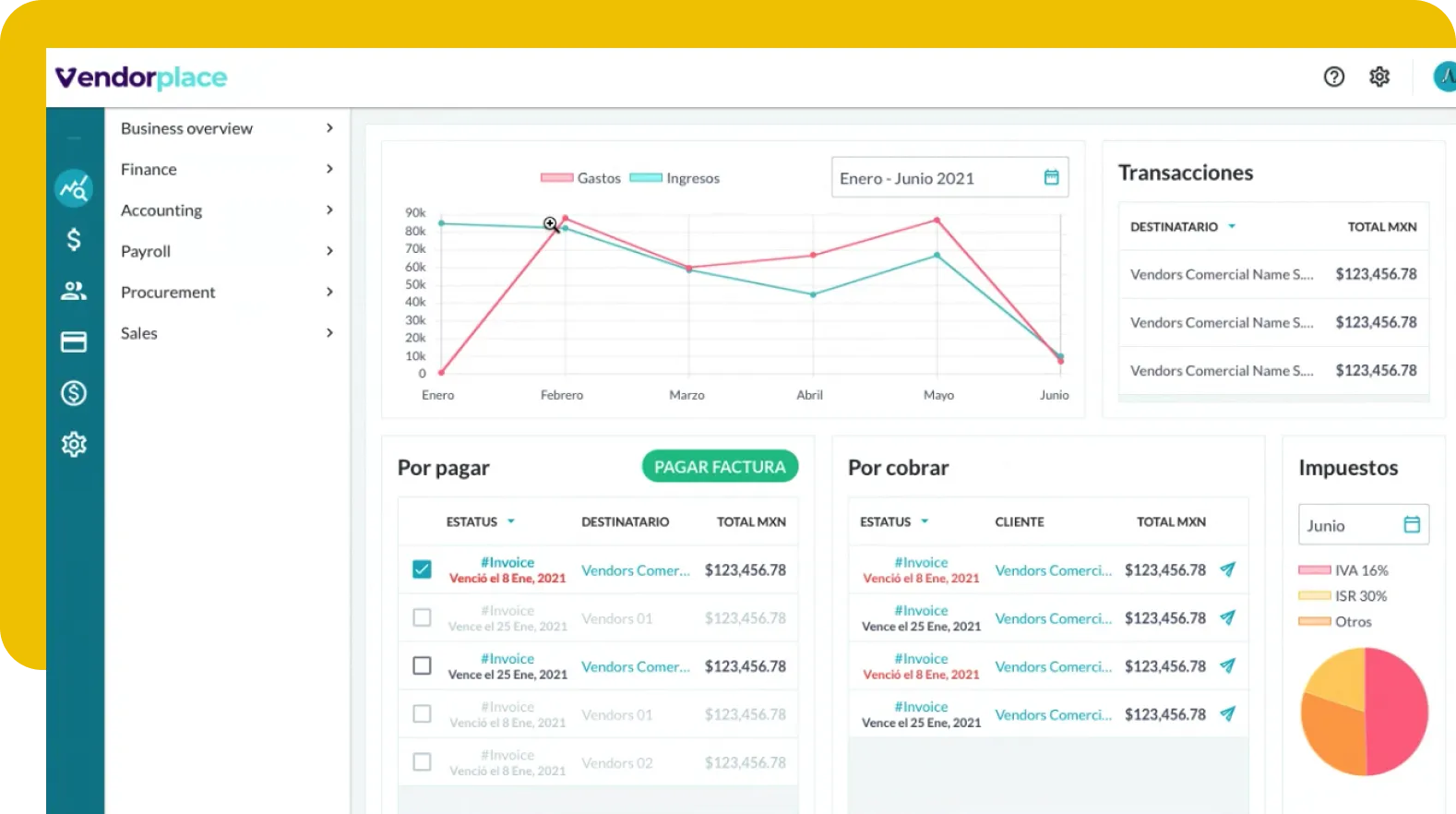 Yaydoo Vendorplace dashboard in 2021 before the redesign — business overview with accounts payable, receivables and taxes inside the broader Yaydoo ecosystem Directors and Managers were inheriting